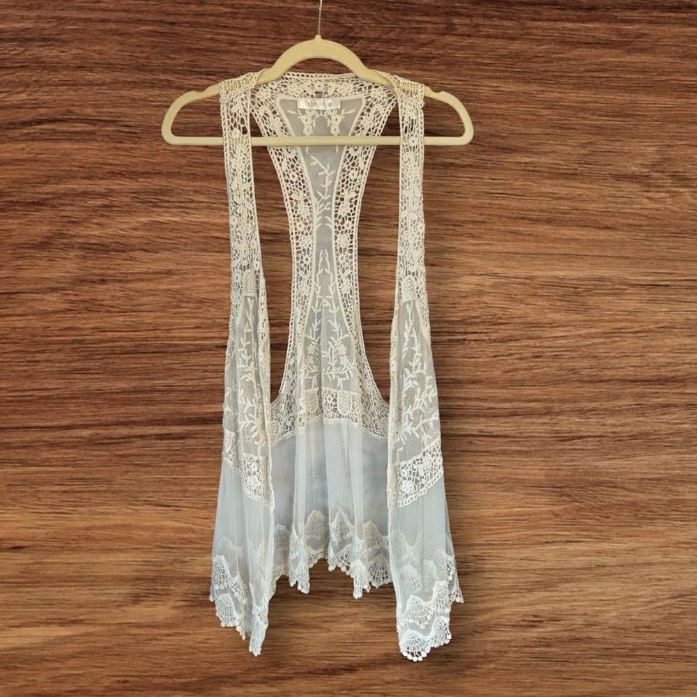 Stella Boho Crochet Lace Ivory White Long vest cardigan duster S/M